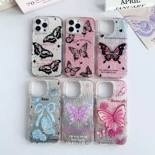 Funda para teléfono con lente con patrón de mariposa y diseño de diamantes